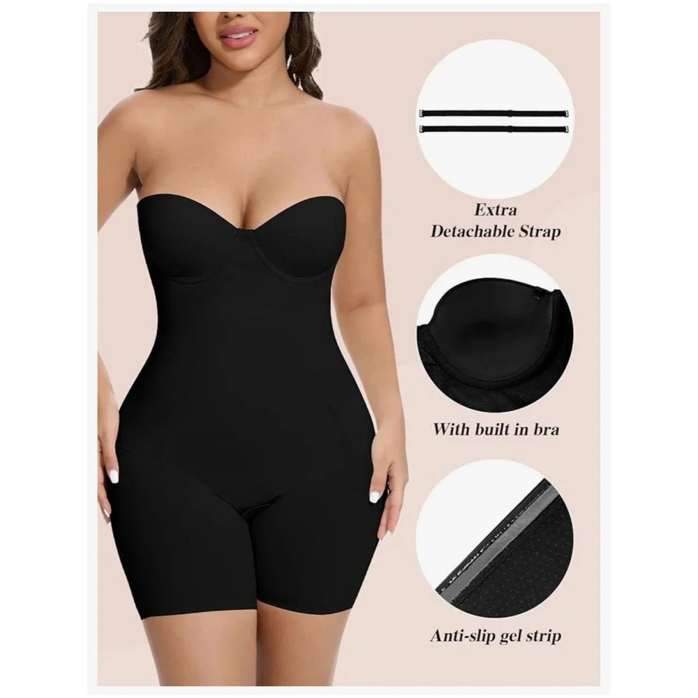 Slimers Black Strapless Shapewear Bodysuit‎ Tummy Control Butt Lift Built-in Bra